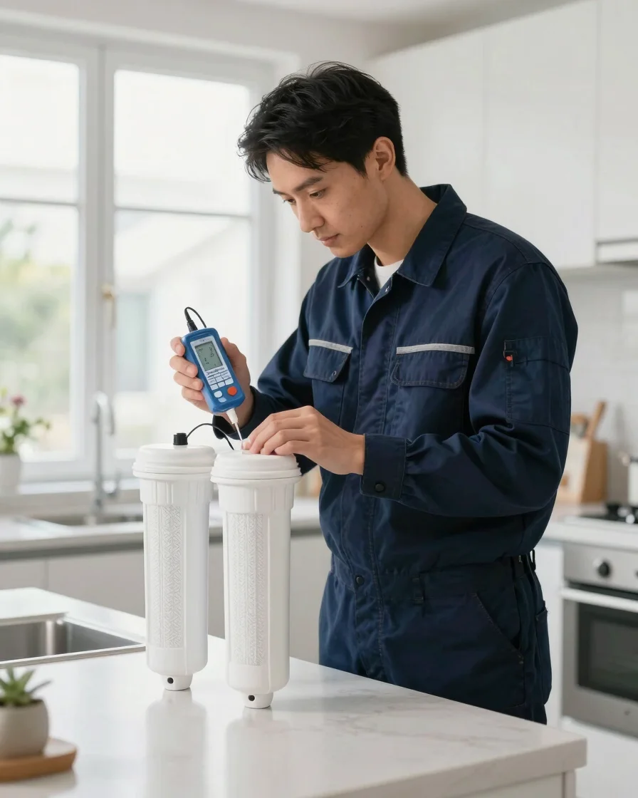 Uniformed technician checking RO filter cartridges with a TDS met