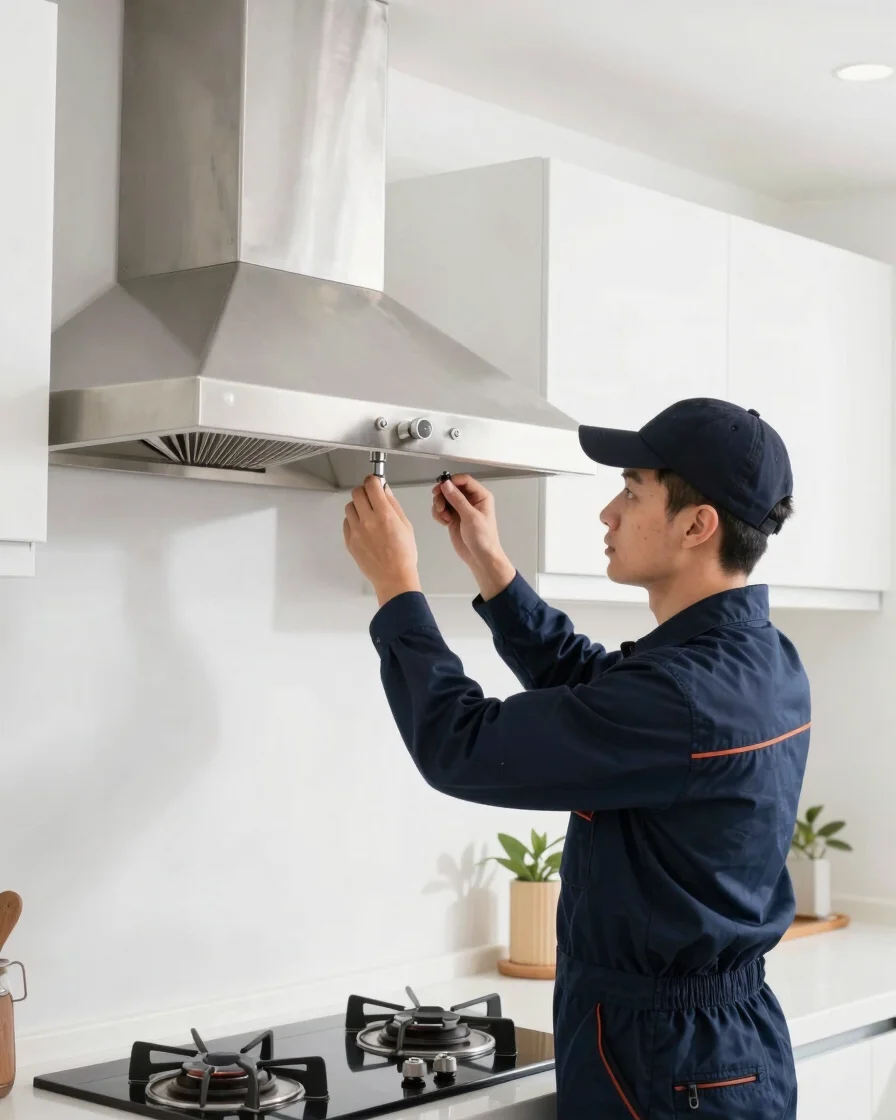 Uniformed technician inspecting a stainless steel kitchen chimney