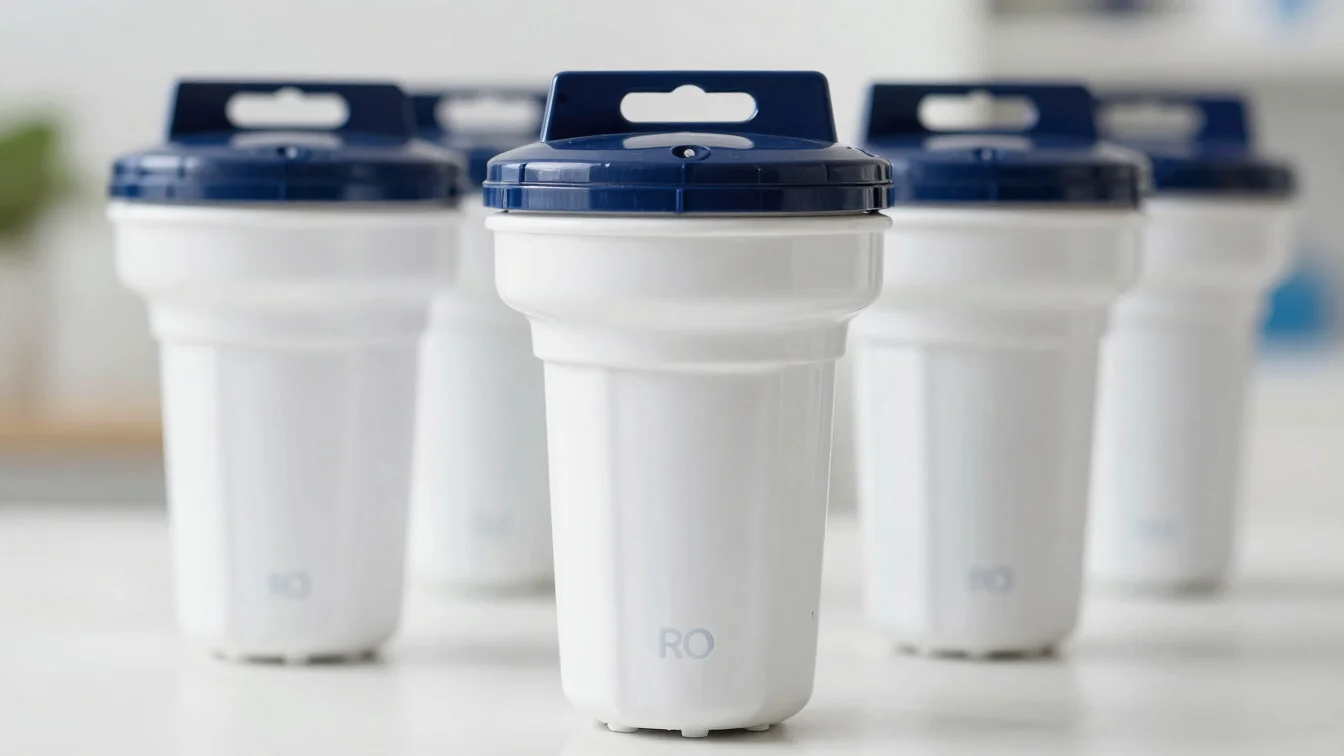 Close-up of a new, authentic RO water filter cartridge in its pac